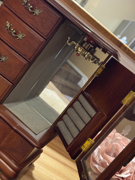 Vintage Heart-Etched Glass Jewelry Armoire – Rich Warm Wood Finish