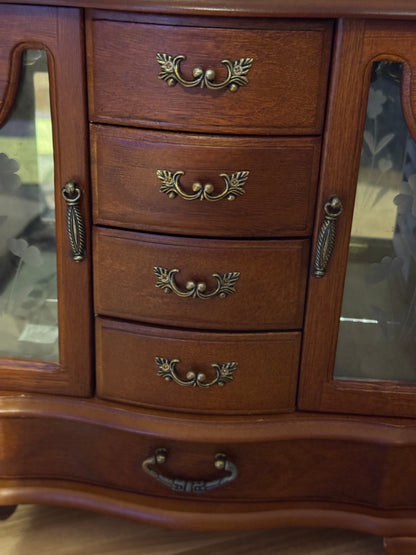 Vintage Heart-Etched Glass Jewelry Armoire – Rich Warm Wood Finish