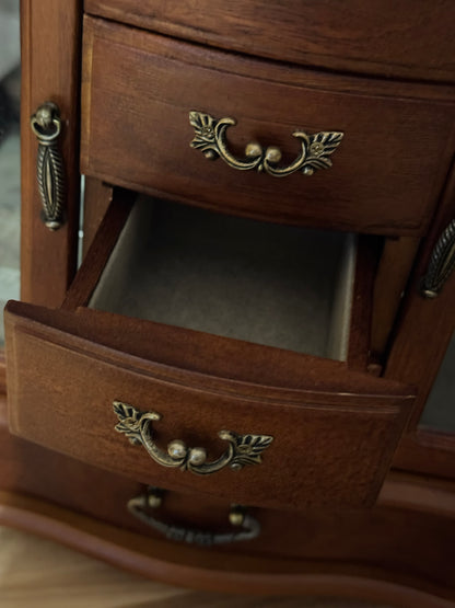 Vintage Heart-Etched Glass Jewelry Armoire – Rich Warm Wood Finish