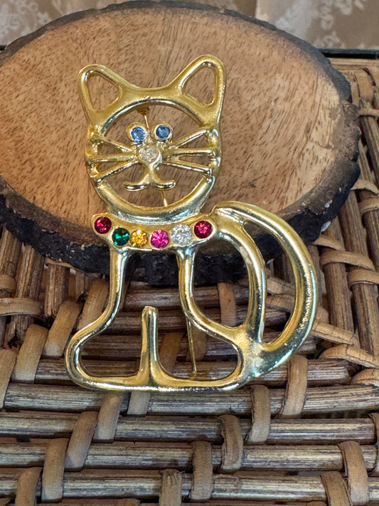 Vintage-Inspired Cat Brooch with Rhinestones