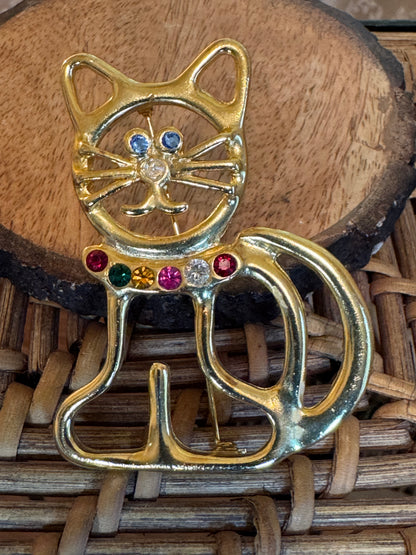 Vintage-Inspired Cat Brooch with Rhinestones