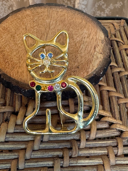 Vintage-Inspired Cat Brooch with Rhinestones