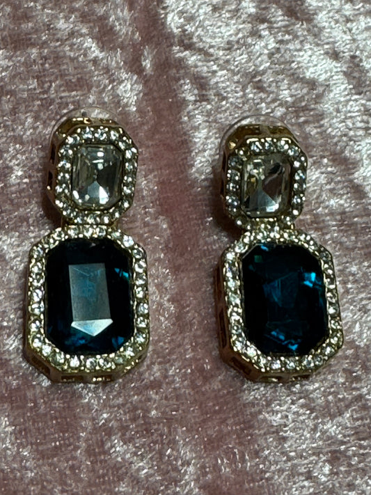 Vintage old tone crystal drop earrings with dark blue emerald-cut stones