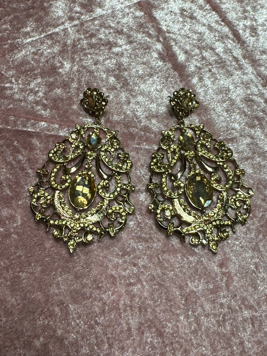 Gold tone vintage statement earrings with champagne rhinestone crystals