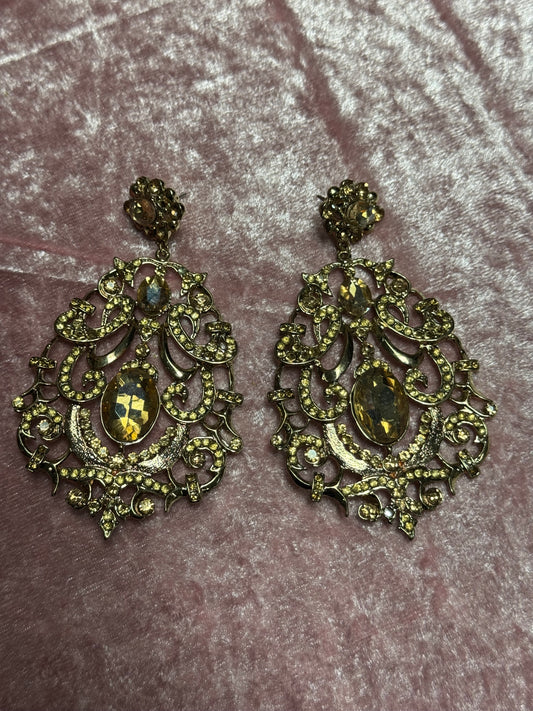 Gold tone vintage statement earrings with champagne rhinestone crystals