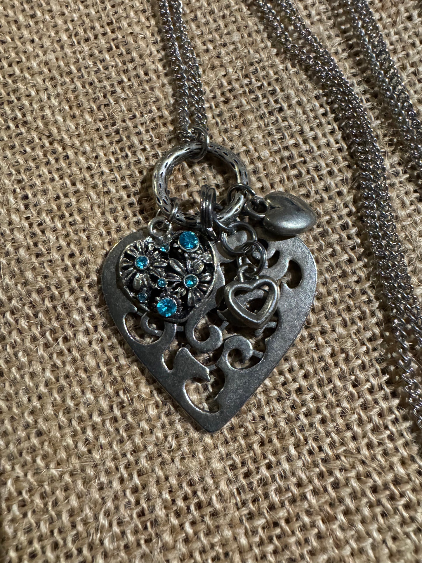 Silver-Tone Filigree Heart Pendant Necklace with Blue Crystal Accents