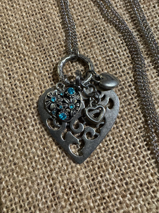 Silver-Tone Filigree Heart Pendant Necklace with Blue Crystal Accents