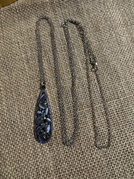 Antiqued Silver-Tone Tear-Drop Pendant Necklace with Purple Moonstones and Crystal Accent