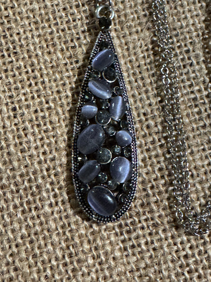 Antiqued Silver-Tone Tear-Drop Pendant Necklace with Purple Moonstones and Crystal Accent
