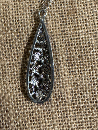 Antiqued Silver-Tone Tear-Drop Pendant Necklace with Purple Moonstones and Crystal Accent