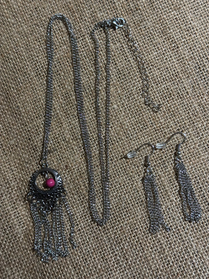 Silver-Tone Tassel Necklace and Earring Set with Pink Accent Stone