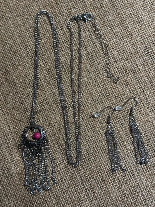 Silver-Tone Tassel Necklace and Earring Set with Pink Accent Stone