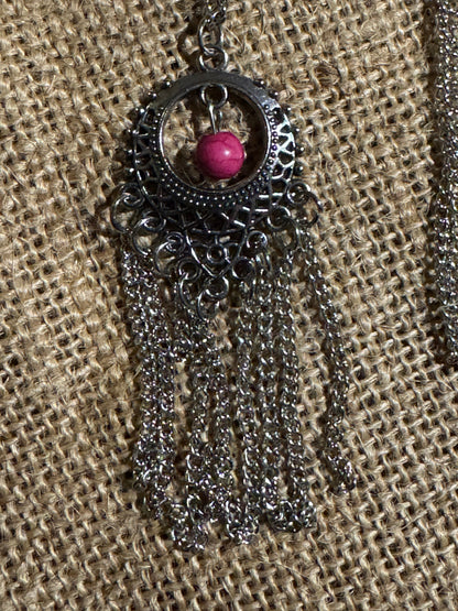 Silver-Tone Tassel Necklace and Earring Set with Pink Accent Stone