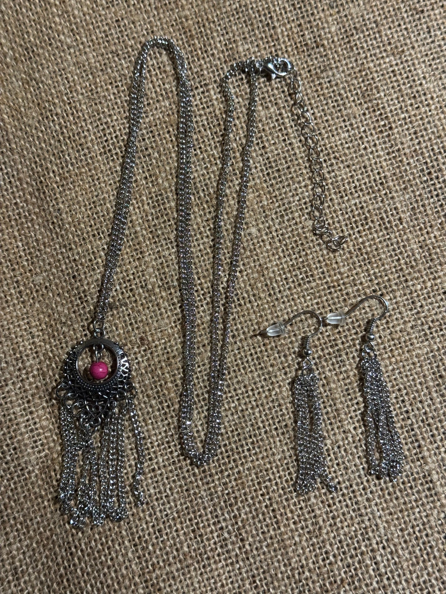 Silver-Tone Tassel Necklace and Earring Set with Pink Accent Stone