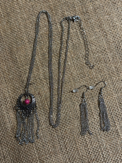 Silver-Tone Tassel Necklace and Earring Set with Pink Accent Stone