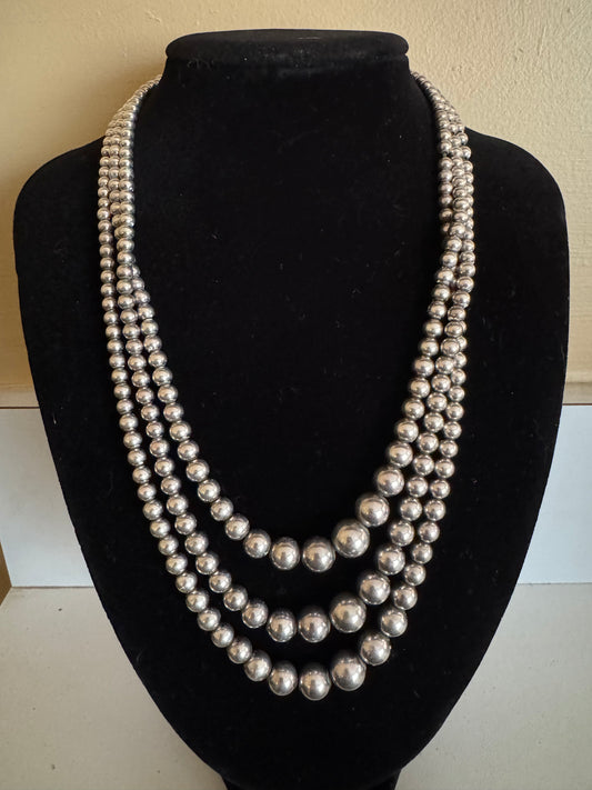 Vintage Triple-Strand Graduated Sterling Silver Bead Necklace — 18" (17 g, ~75 Years Old)