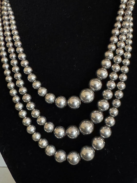 Vintage Triple-Strand Graduated Sterling Silver Bead Necklace — 18" (17 g, ~75 Years Old)