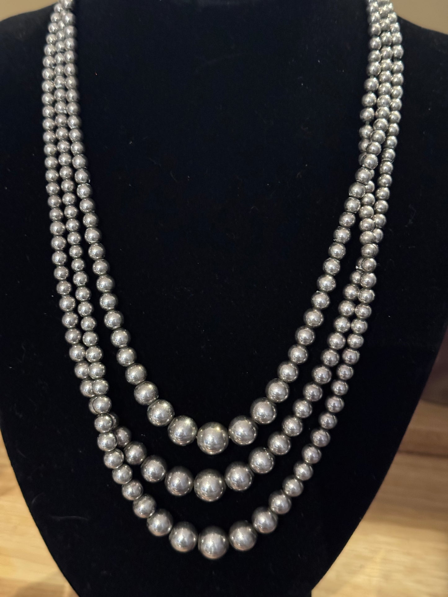 Vintage Triple-Strand Graduated Sterling Silver Bead Necklace — 18" (17 g, ~75 Years Old)