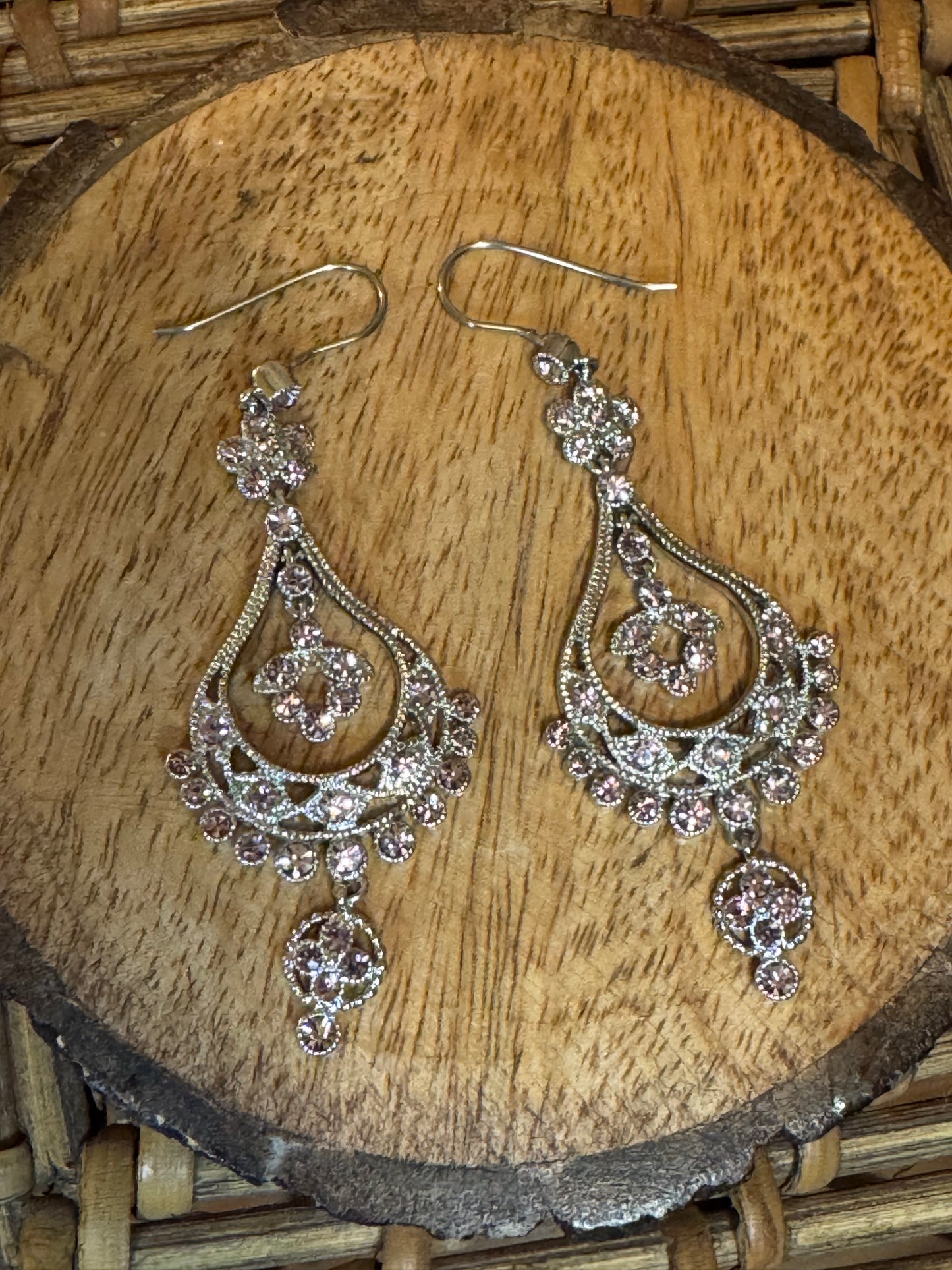 Vintage Signed Monet Dangle Earrings with Pink Rhinestones