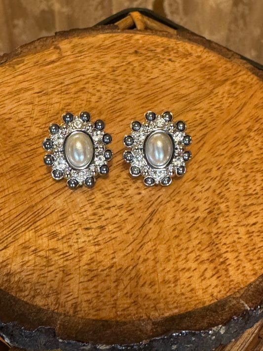 Vintage Silver Faux Grey Pearl & Rhinestone Earrings