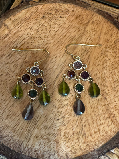 Vintage Chaps gold-tone dangle earrings featuring green and purple stones