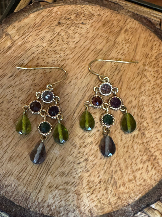 Vintage Chaps gold-tone dangle earrings featuring green and purple stones