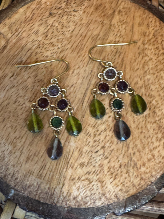 Vintage Chaps gold-tone dangle earrings featuring green and purple stones