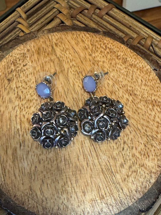 1928 brand silver-tone and antiqued black flower cluster earrings featuring purple crystal posts