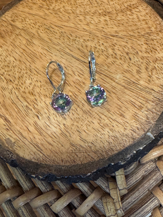 Sterling silver leverback dangle earrings featuring round-cut iridescent mystic topaz gemstones