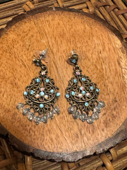 Vintage Blue and Clear Rhinestone Chandelier Earrings