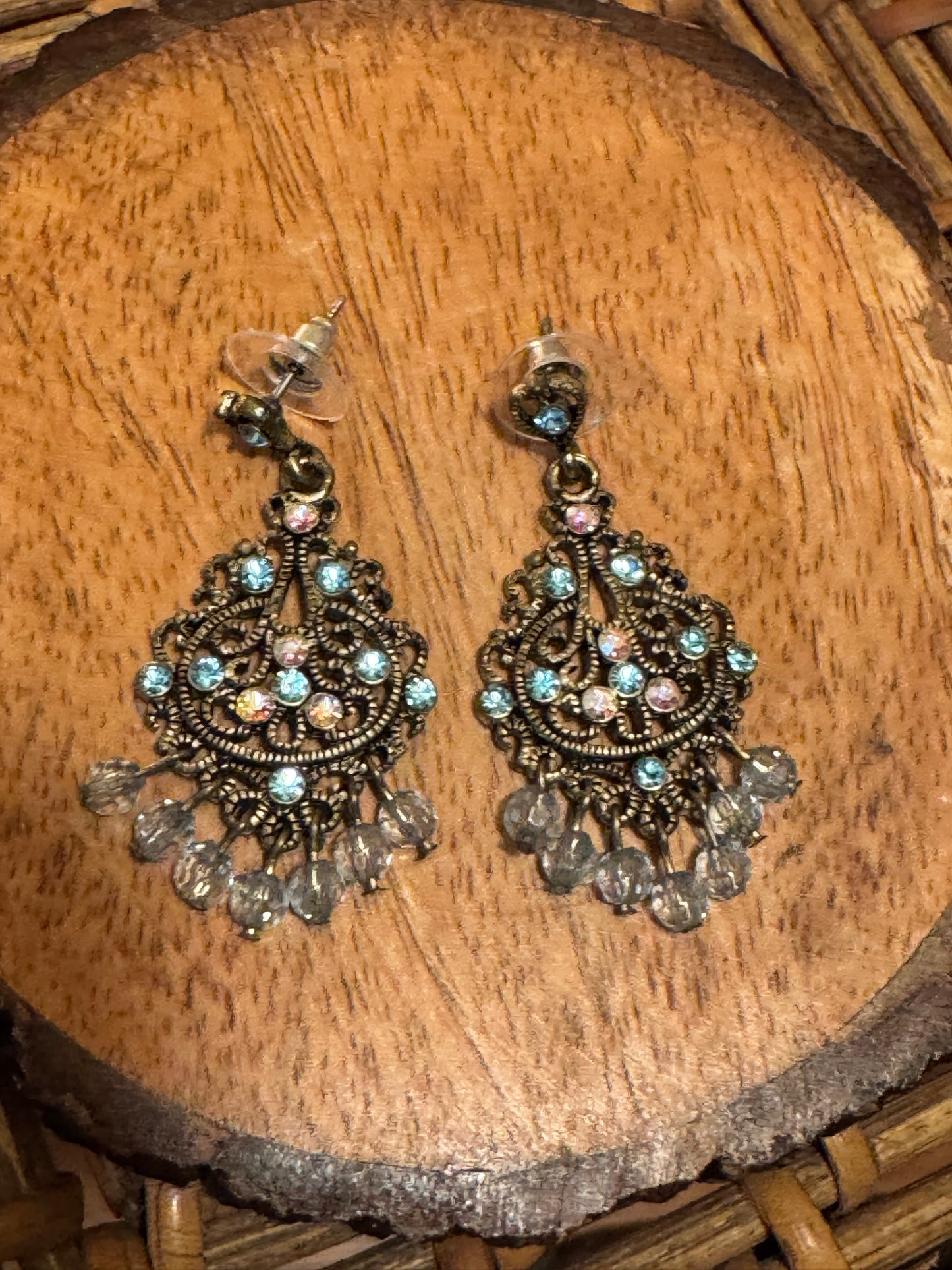 Vintage Blue and Clear Rhinestone Chandelier Earrings