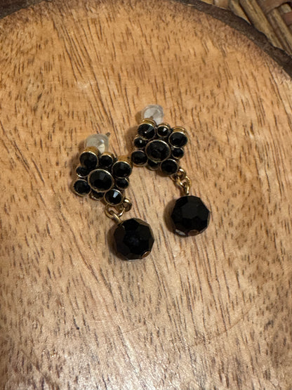 Vintage Lewis Segal of California jet black drop earrings featuring faceted glass bead clusters
