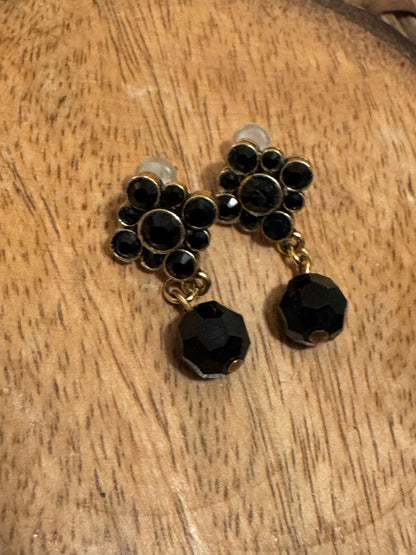 Vintage Lewis Segal of California jet black drop earrings featuring faceted glass bead clusters