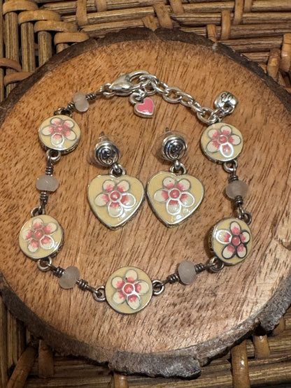 Vintage and Retired Brighton Spring Fever enamel and silver-plated flower earrings and charm bracelet set