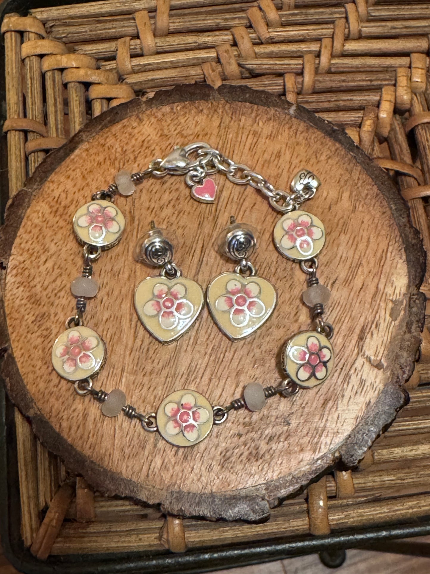 Vintage and Retired Brighton Spring Fever enamel and silver-plated flower earrings and charm bracelet set
