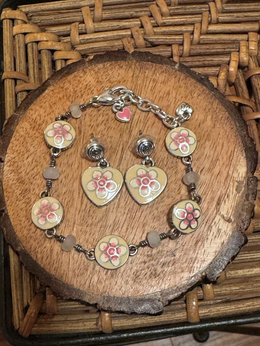 Vintage and Retired Brighton Spring Fever enamel and silver-plated flower earrings and charm bracelet set