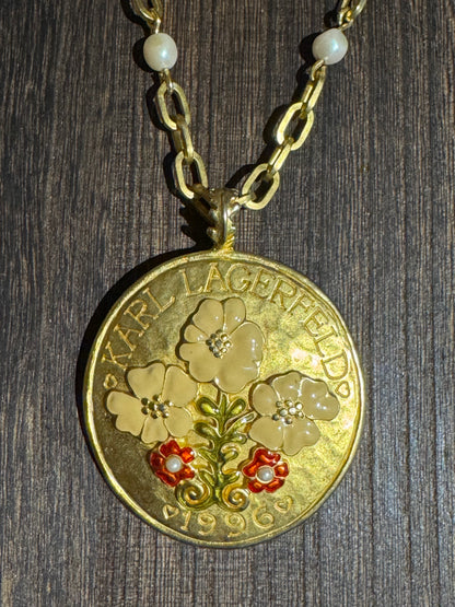 Vintage 1996 Karl Lagerfeld Enamel Floral Disc Pendant Necklace - A Rare and Coveted Collectors’ Treasure