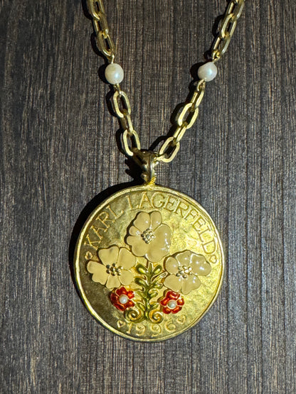Vintage 1996 Karl Lagerfeld Enamel Floral Disc Pendant Necklace - A Rare and Coveted Collectors’ Treasure