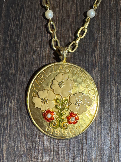Vintage 1996 Karl Lagerfeld Enamel Floral Disc Pendant Necklace - A Rare and Coveted Collectors’ Treasure