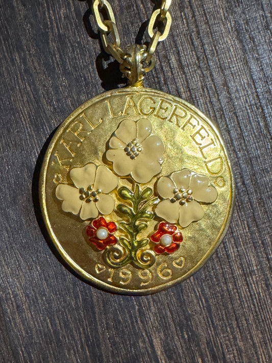 Vintage 1996 Karl Lagerfeld Enamel Floral Disc Pendant Necklace - A Rare and Coveted Collectors’ Treasure