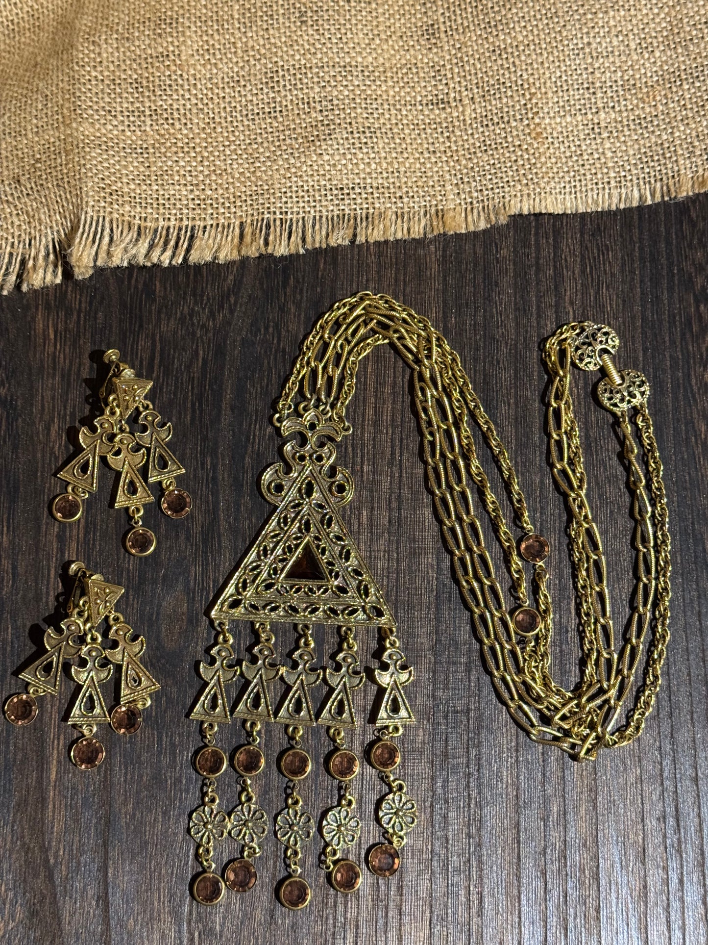 Vintage Goldette Triangular Pendant Necklace and Earring Set - Collector's Item