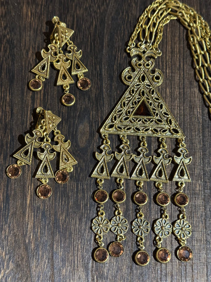 Vintage Goldette Triangular Pendant Necklace and Earring Set - Collector's Item