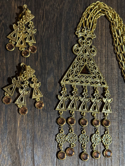 Vintage Goldette Triangular Pendant Necklace and Earring Set - Collector's Item