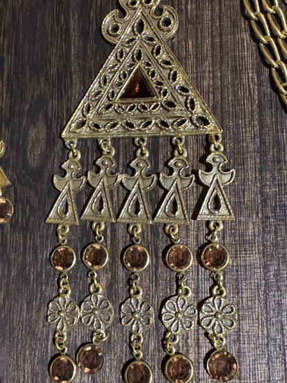 Vintage Goldette Triangular Pendant Necklace and Earring Set - Collector's Item