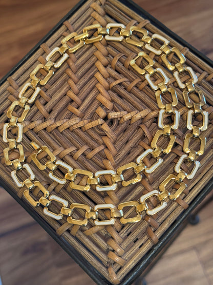 Vintage Signed Monet Gold-Tone and White Enamel Necklace and Bracelet Set