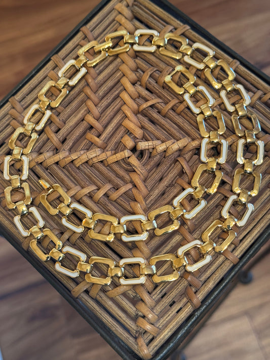 Vintage Signed Monet Gold-Tone and White Enamel Necklace and Bracelet Set