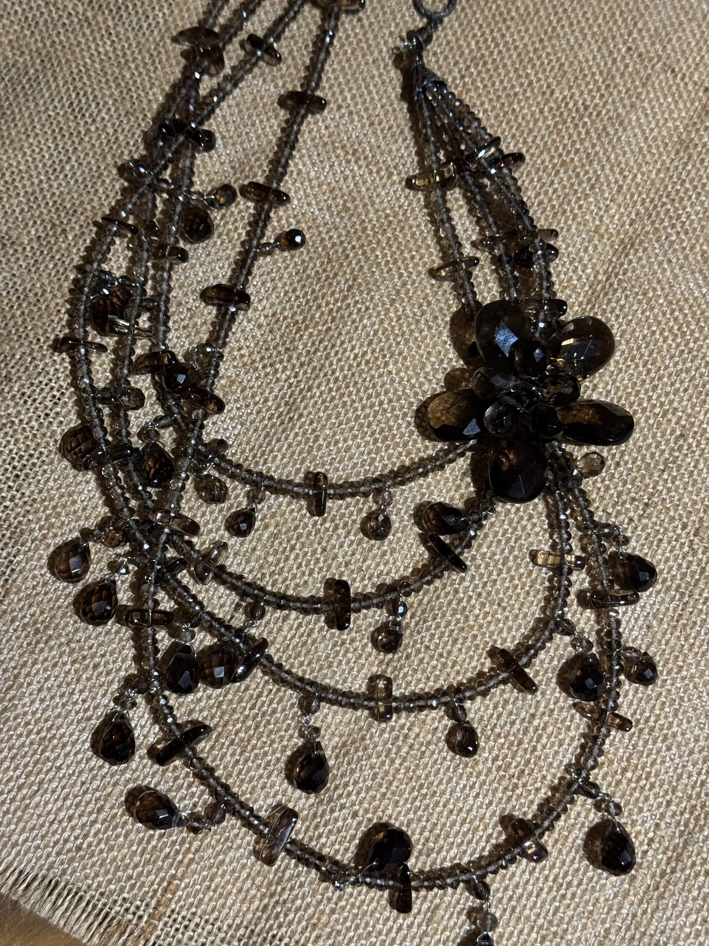 Vintage Multi-Strand Smoky Crystal Statement Necklace