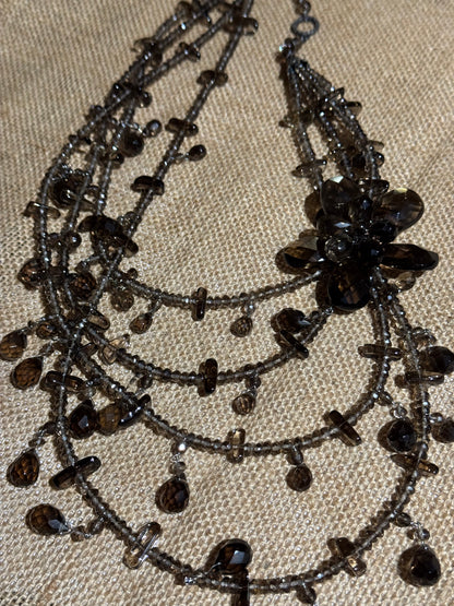 Vintage Multi-Strand Smoky Crystal Statement Necklace