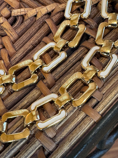 Vintage Signed Monet Gold-Tone and White Enamel Necklace and Bracelet Set