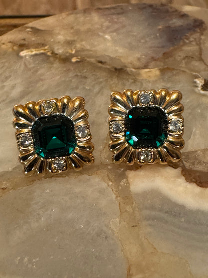 Vintage Avon square gold-plated earrings with a central emerald-cut green rhinestone accented by clear round stones
